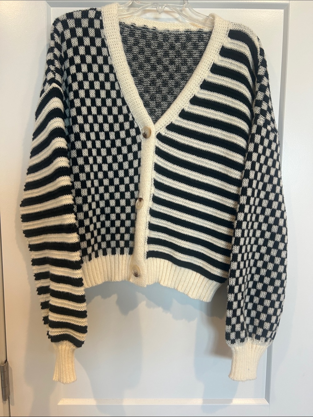 SHEIN Black & White Mixed Stripe and Checker Button Cardigan